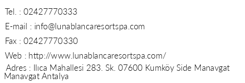 Luna Blanca Resort & Spa telefon numaralar, faks, e-mail, posta adresi ve iletiim bilgileri